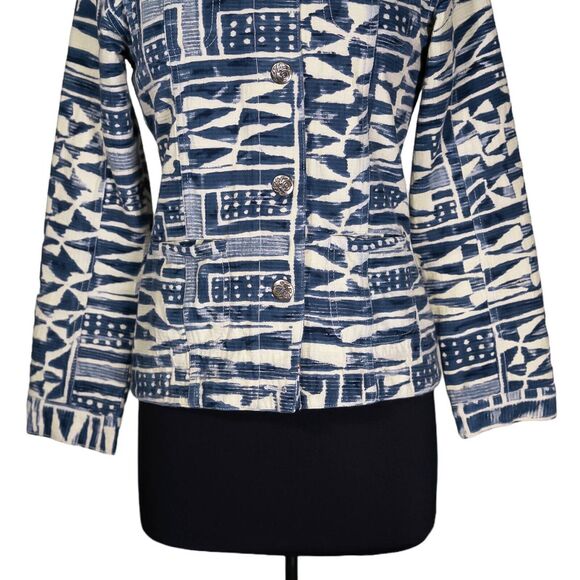 Chico's Women's Jacket Beige Blue Abstract Navajo Tribal Geometric Pockets 0 S/4 - Picture 7 of 10